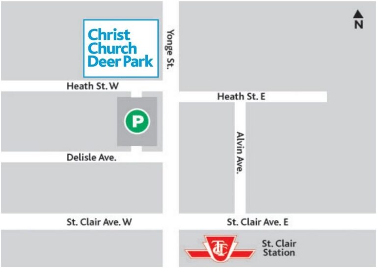 Map showing the church on Yonge and Heath Streets and the Green P parking lot, and TTC station at Yonge and St Clair